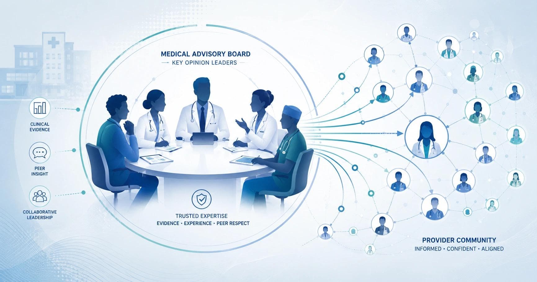 Editorial illustration of a medical advisory board and key opinion leaders influencing clinical adoption of a healthcare product