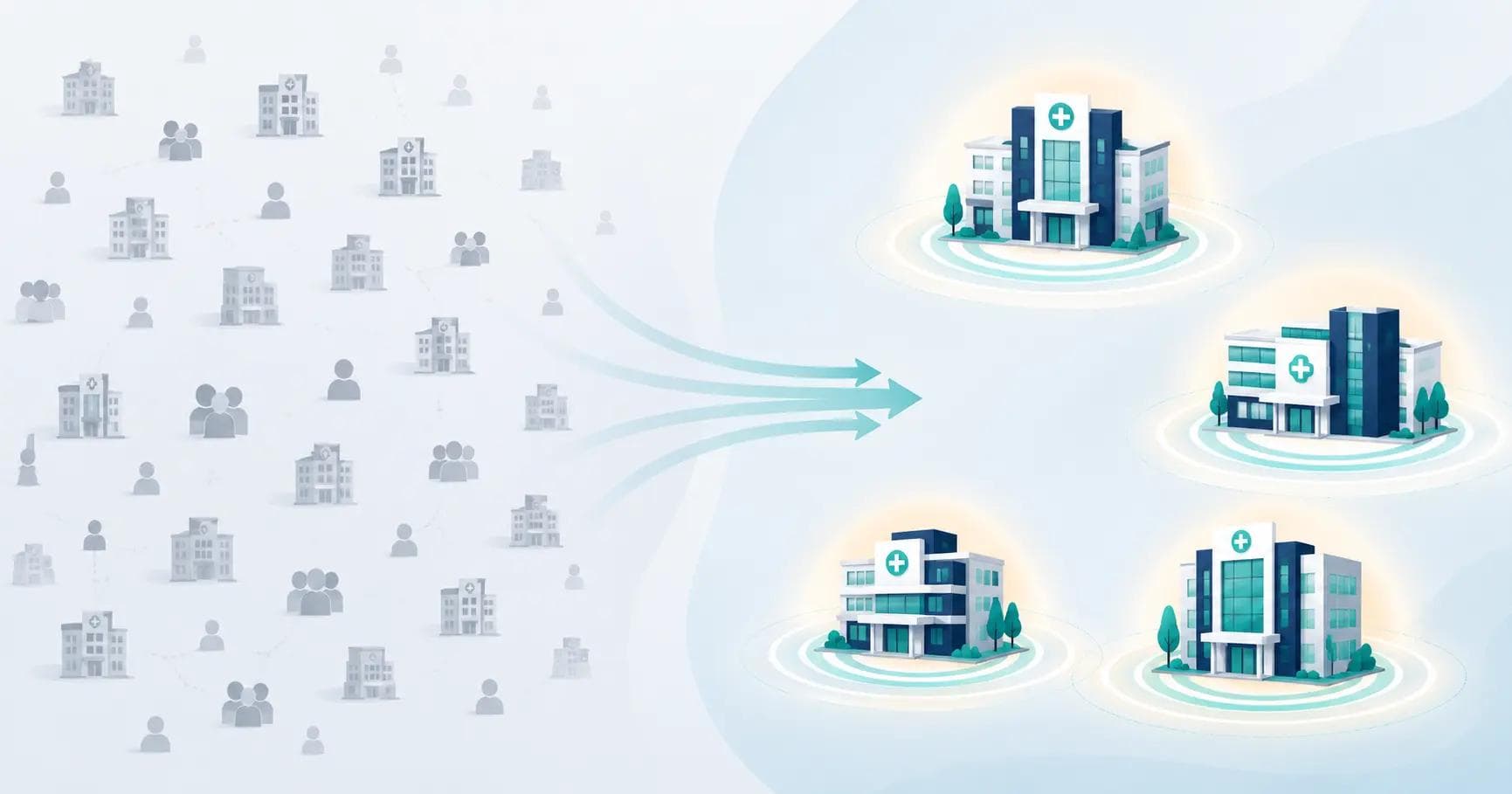 Concept illustration of healthcare account-based marketing, a few highlighted target health-system accounts standing out from a scattered crowd