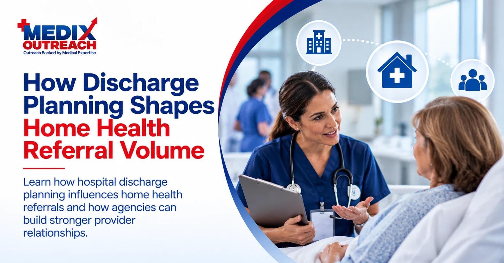 A clinician talking with a hospitalized patient while holding a clipboard during discharge planning.