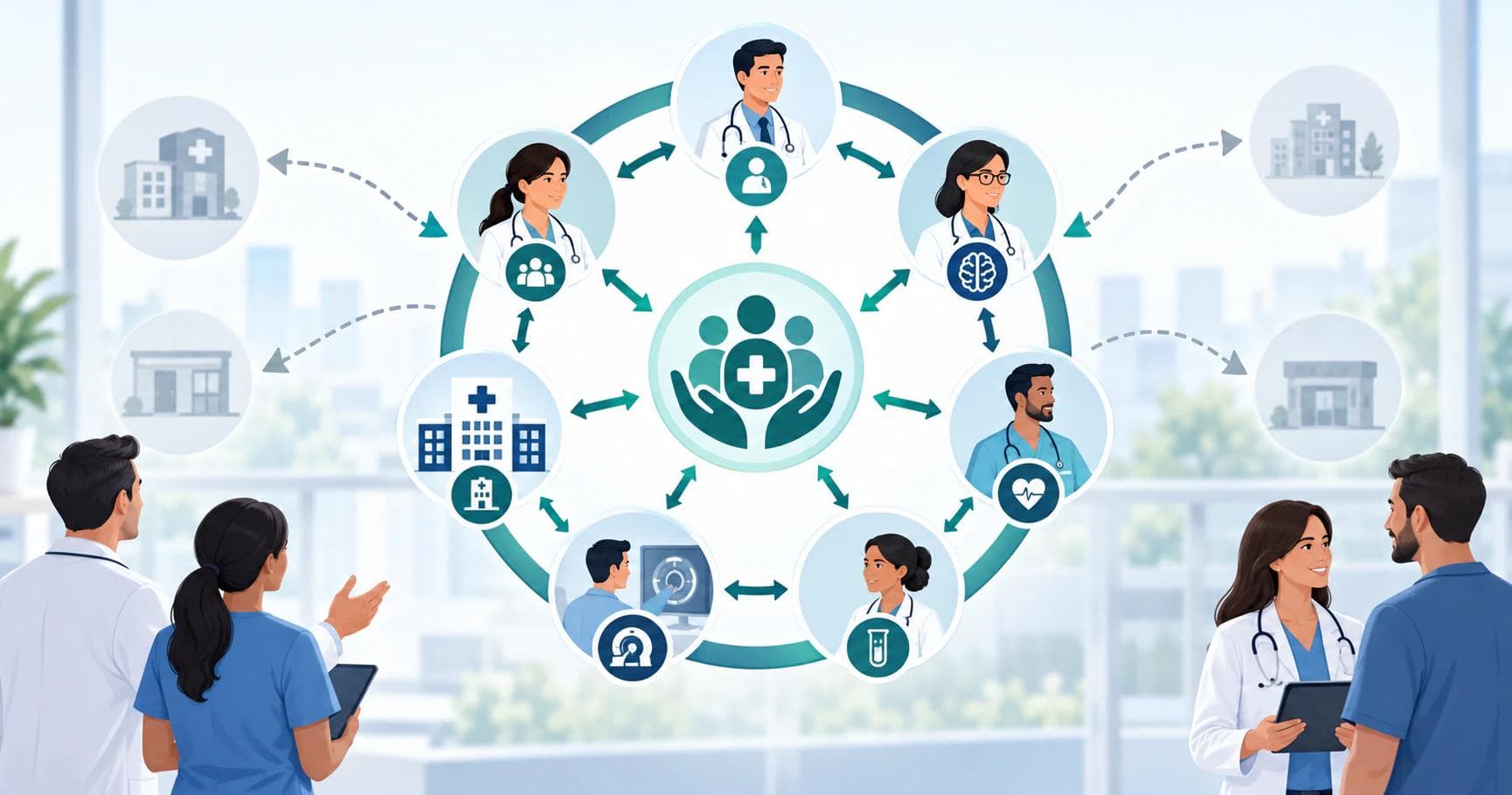 Illustration of a clinically integrated network with referrals flowing between coordinated providers around a shared value emblem.