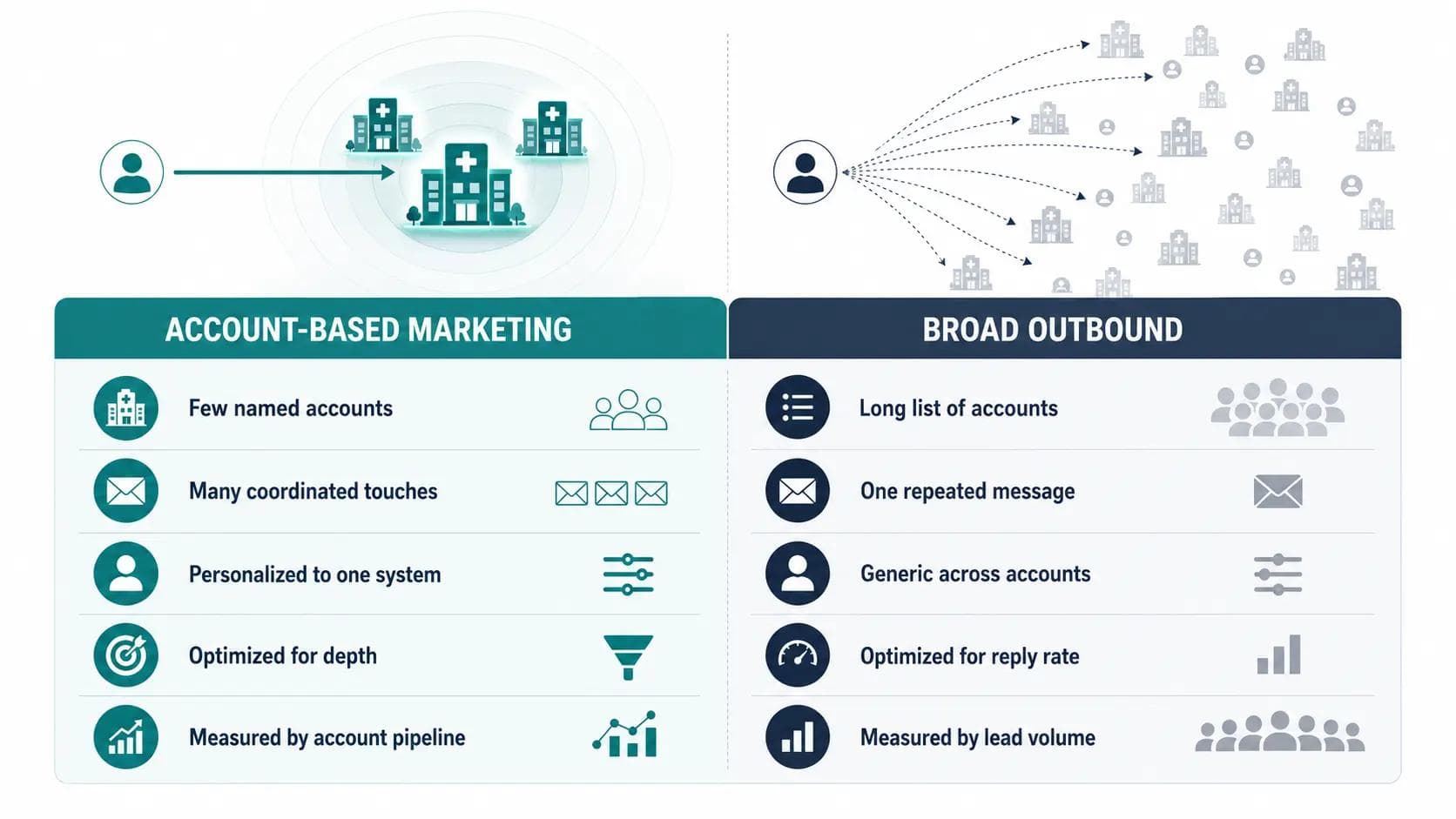 Comparison chart contrasting account-based marketing (few named accounts, coordinated touches, account pipeline) with broad outbound (long list, one message, lead volume)