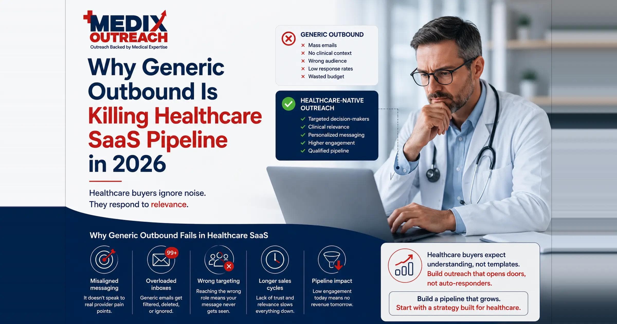 Infographic contrasting generic outbound with healthcare-native outreach, listing five reasons generic outbound fails in healthcare SaaS.