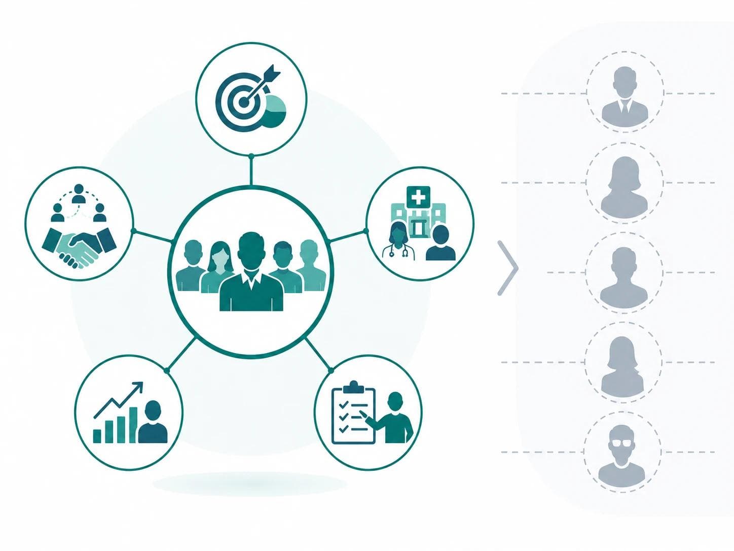 One unified commercial team connected to five capabilities - strategy, business development, provider outreach, sales, and enablement - versus five separately hired roles