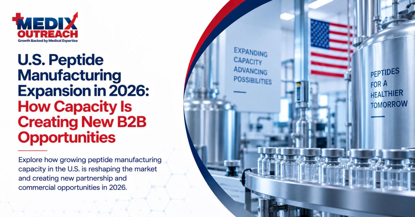 Stainless-steel bioreactors and a vial filling line in a U.S. pharmaceutical cleanroom with an American flag, showing peptide manufacturing capacity.