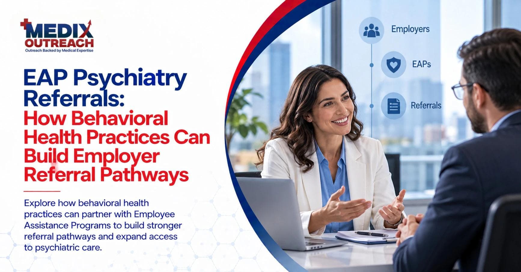 Medix Outreach banner titled 'EAP Psychiatry Referrals' showing a clinician meeting a professional, with icons for Employers, EAPs, and Referrals.