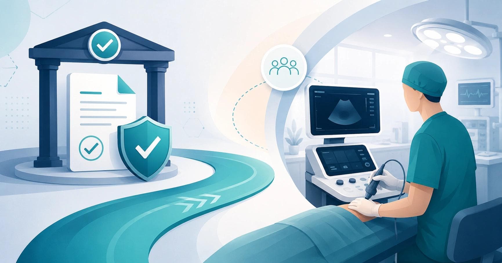 Editorial illustration of a medical device moving from regulatory clearance to use in a clinical setting, representing a medical device go to market strategy