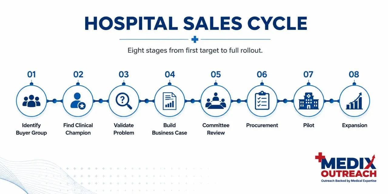 Infographic illustrating the stages of the hospital sales cycle from identifying a clinical champion to procurement, pilot, and health-system adoption