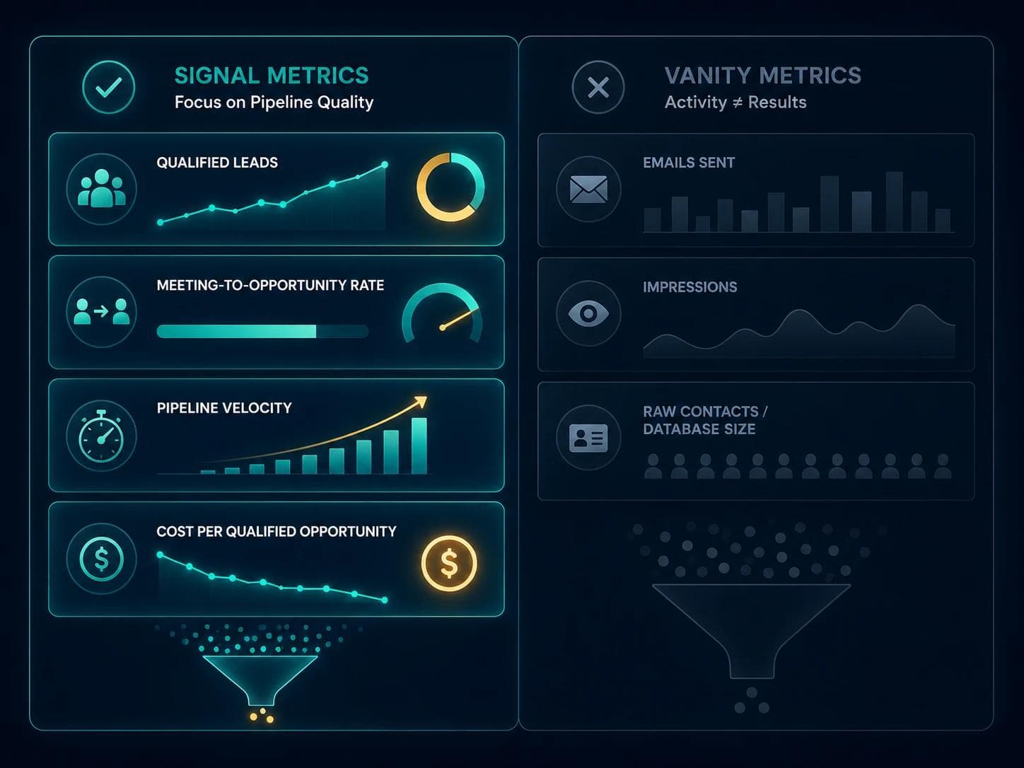 Dashboard contrasting meaningful pipeline metrics against dimmed vanity metrics