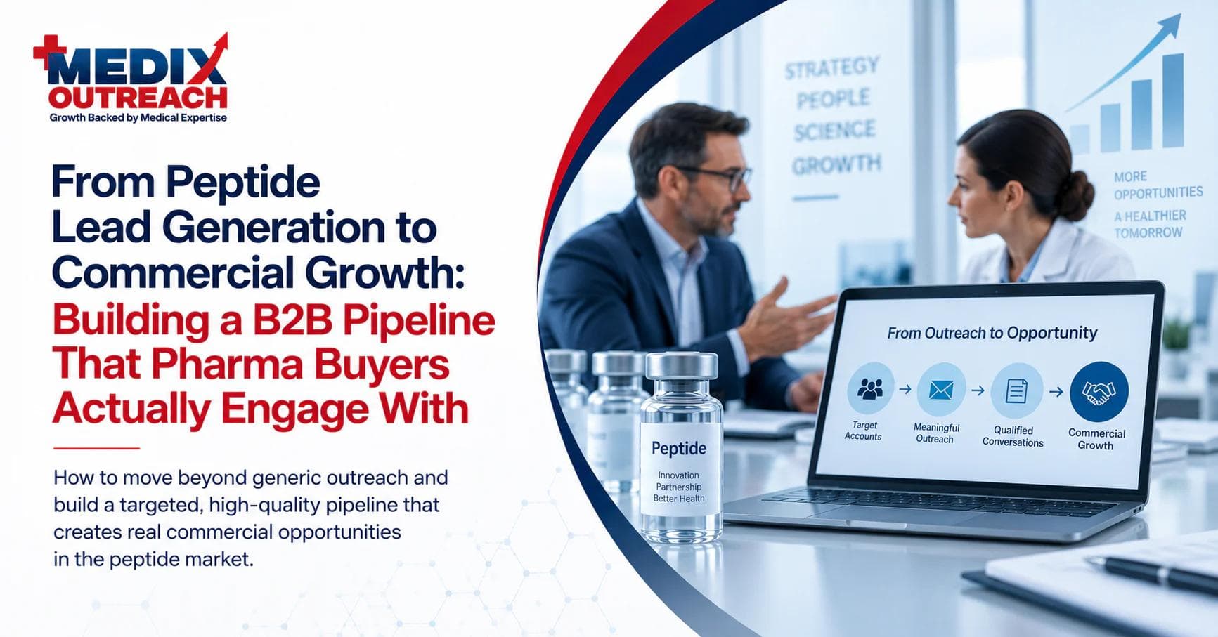 Medix Outreach title card for building a B2B peptide pipeline, showing two professionals in a meeting beside a peptide vial and a laptop displaying an outreach-to-opportunity funnel.