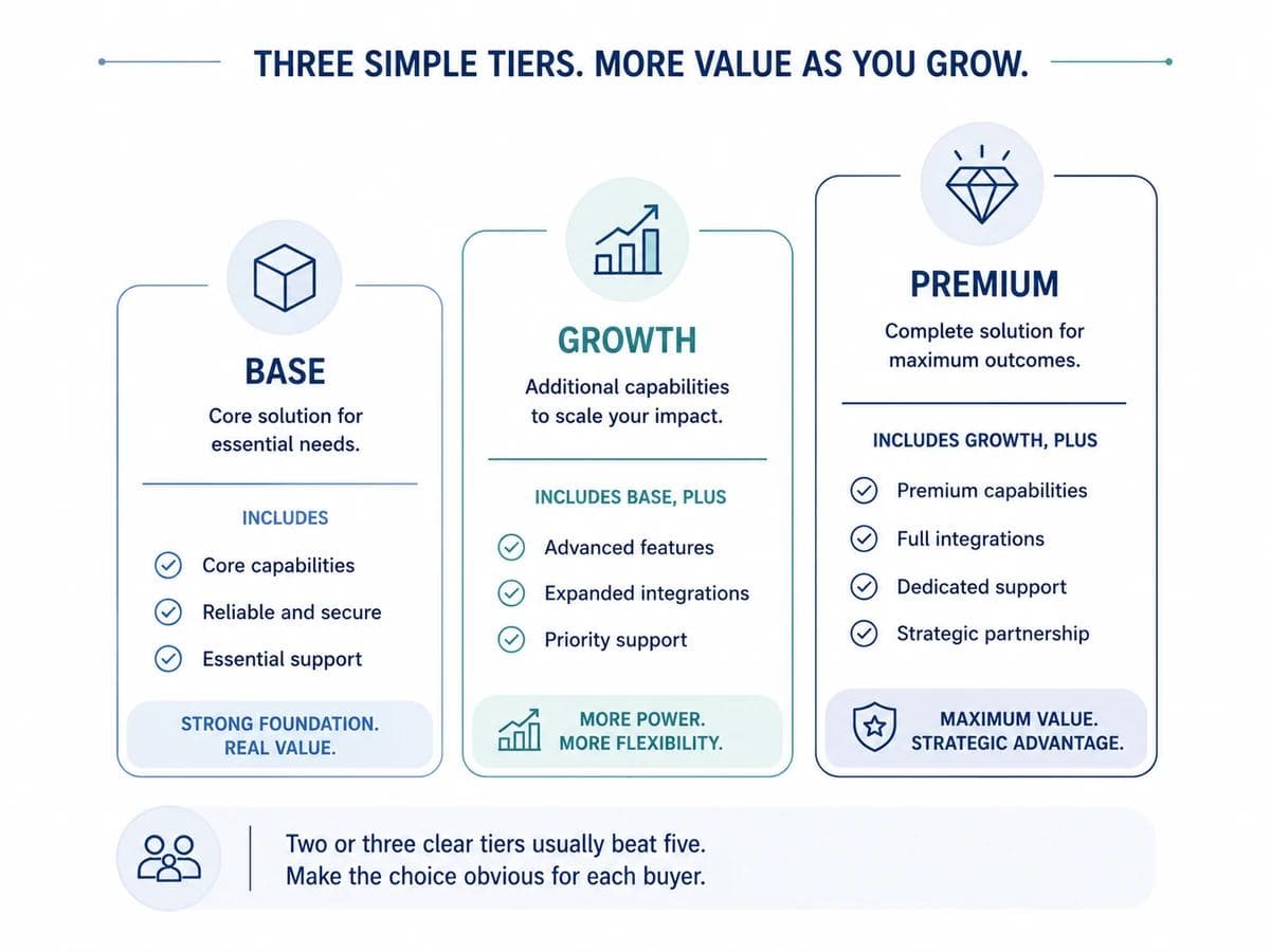 Three tier healthcare packaging diagram with base, growth, and premium offers showing added capabilities per tier