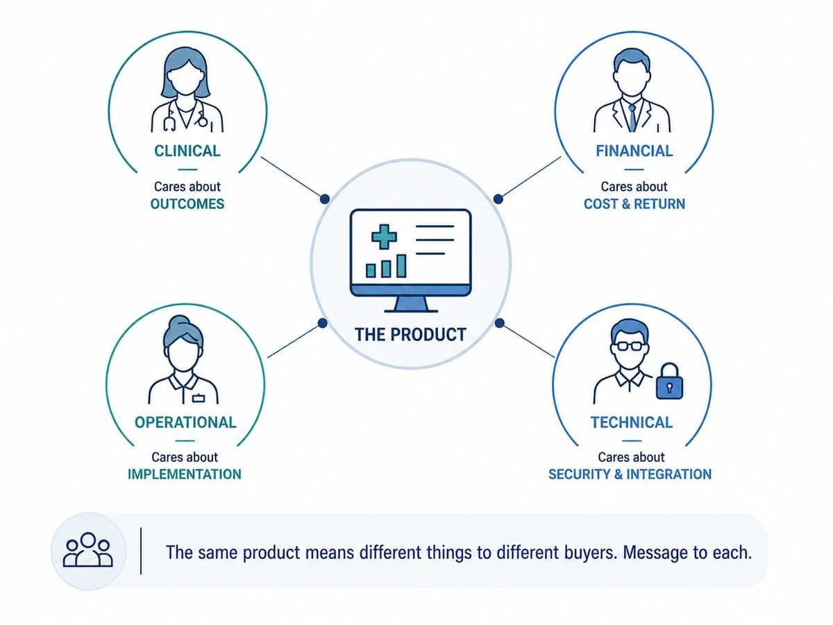 Illustration mapping one healthcare product to clinical, financial, operational, and technical buyer personas and what each values
