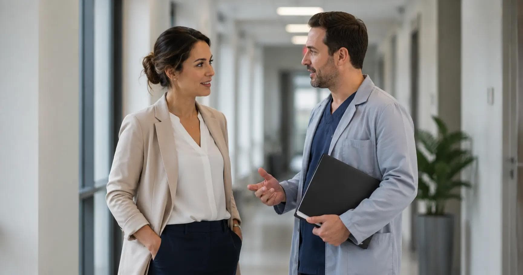 Two healthcare professionals talking in a clinic corridor between appointments