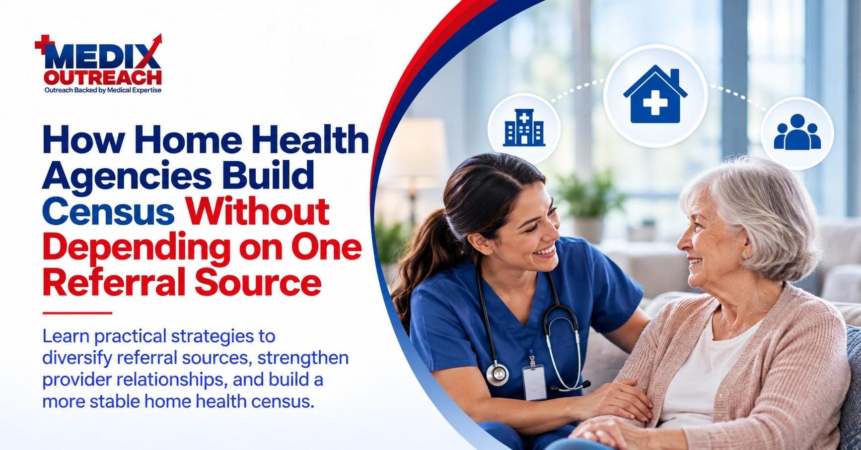 A home health nurse sitting beside and reassuring an elderly woman at home.