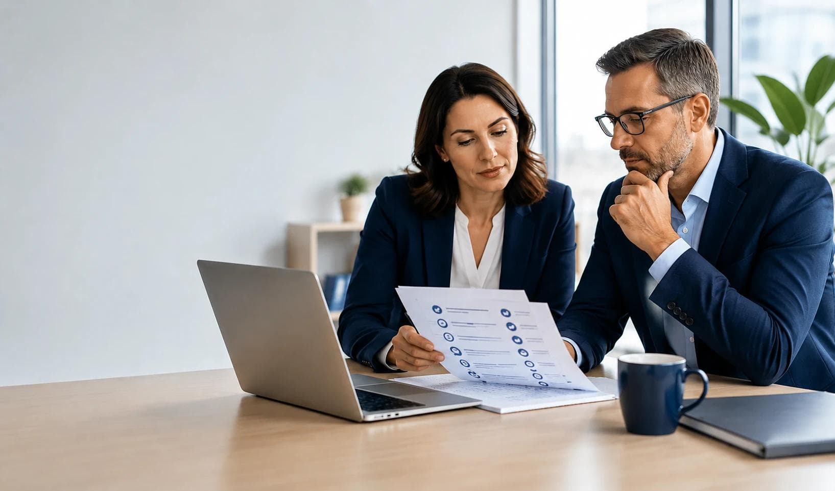 Healthcare commercial leaders reviewing a business development agency shortlist and evaluation criteria in a modern office