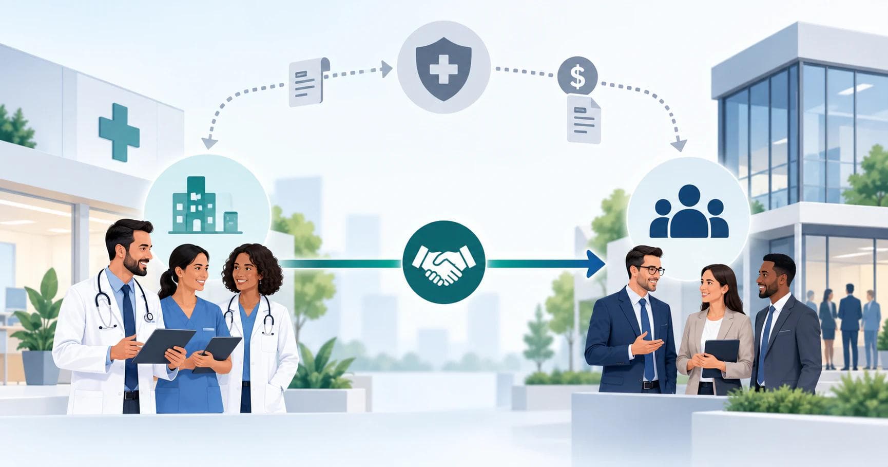 Illustration contrasting a direct healthcare-to-employer path with the longer traditional route through a payer.