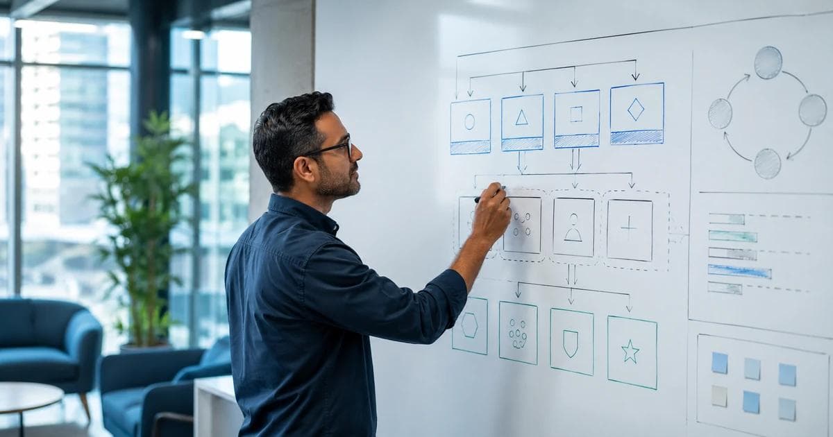 A product strategist mapping healthcare pricing tiers and models on a whiteboard in a modern office