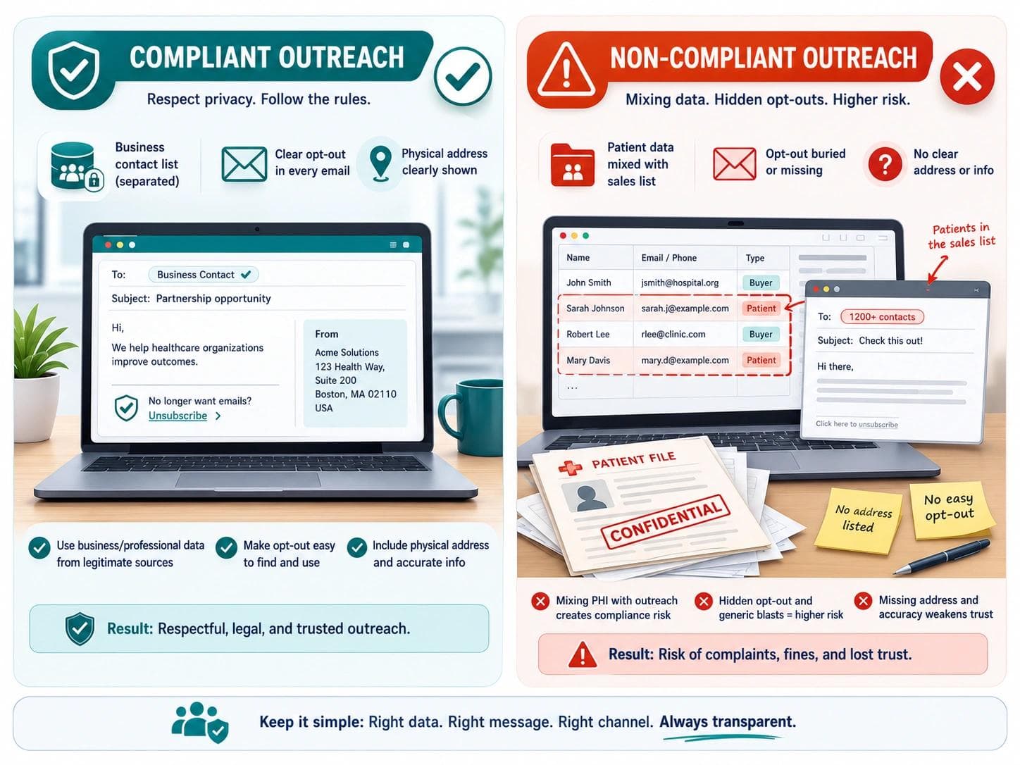 Side-by-side illustration comparing a compliant healthcare outreach setup with a non-compliant one that mixes patient data into a sales list