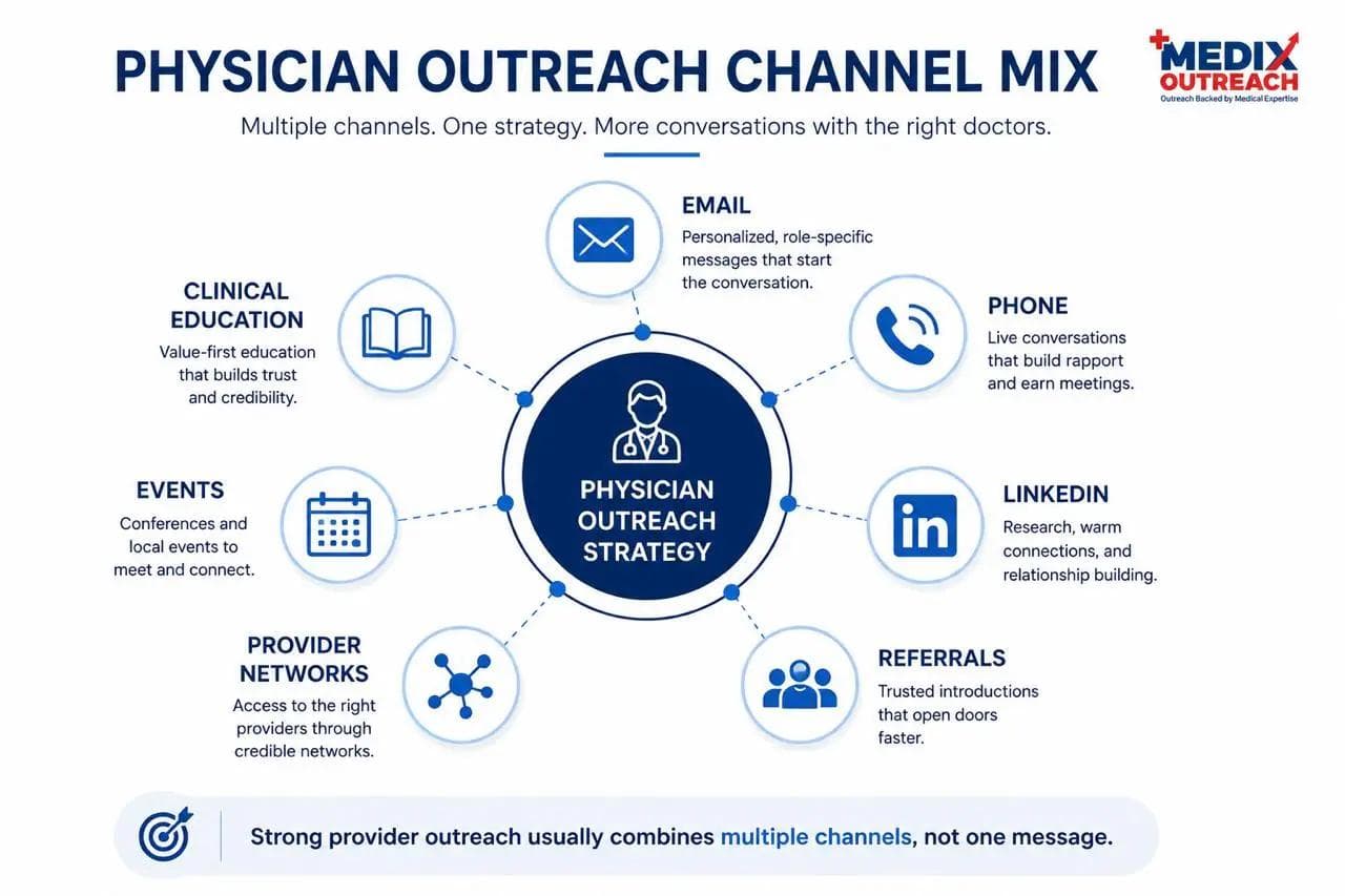 Infographic showing the main channels used for physician outreach, including email, phone, LinkedIn, referrals, provider networks, events, and clinical education
