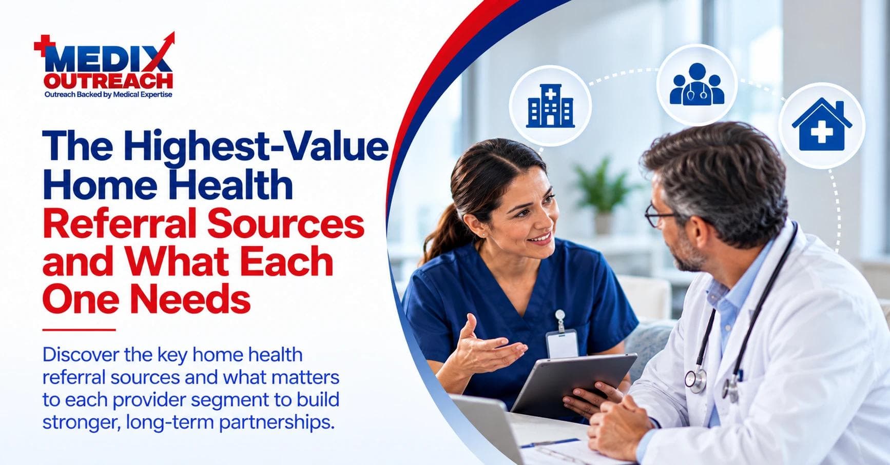 A nurse and a physician discussing a home health referral over a tablet.