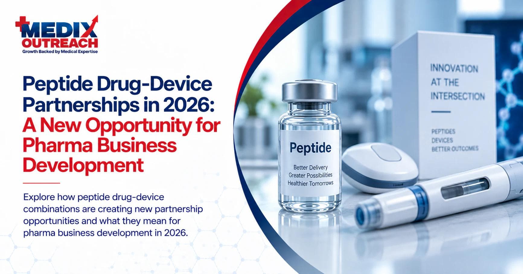 A peptide vial next to a wearable injector and an auto-injector pen, representing peptide drug-device combination products.