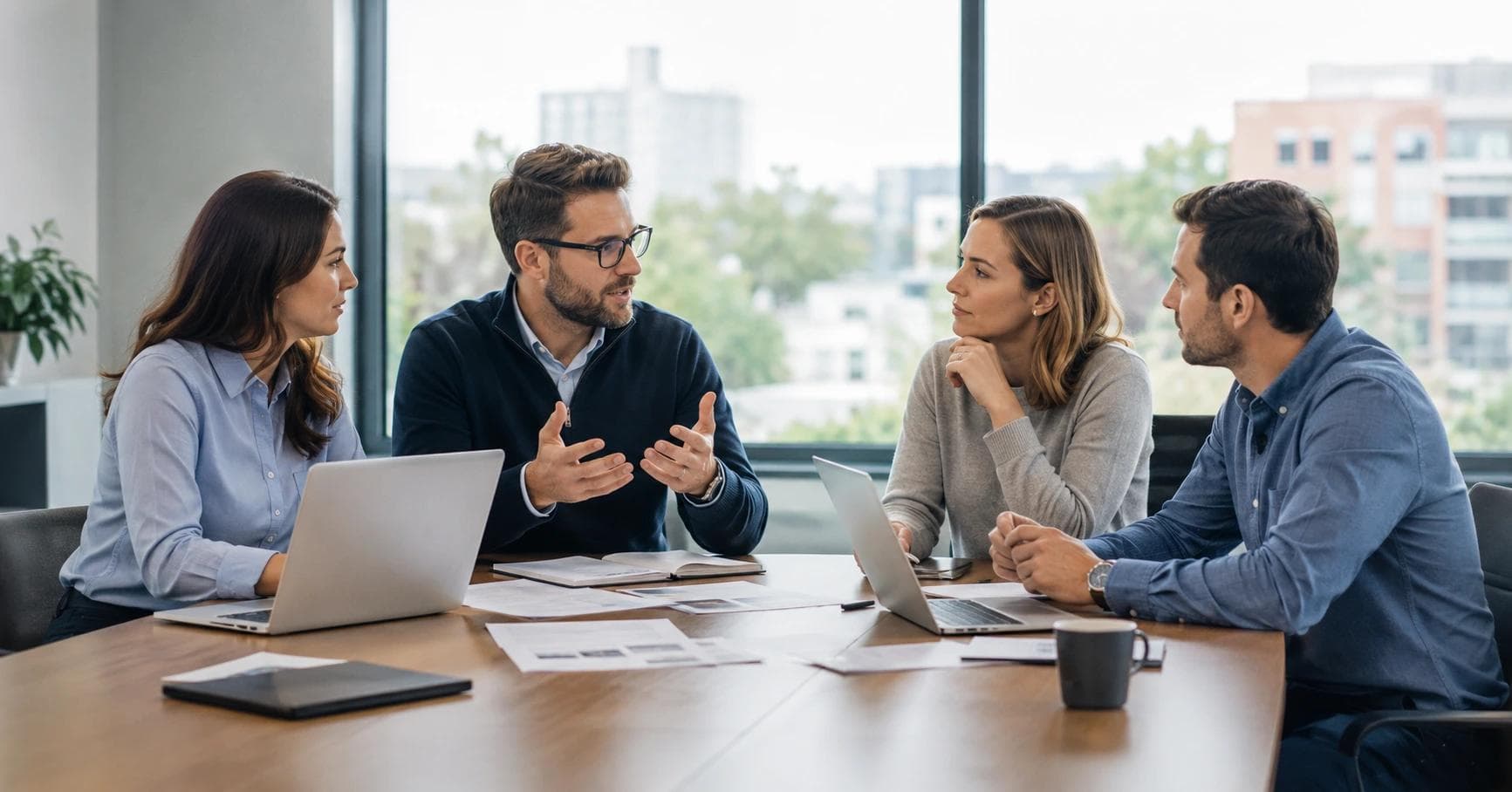 Healthcare software team planning a go-to-market strategy in a meeting room
