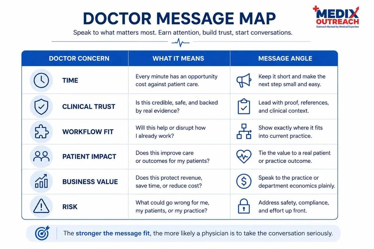 Table mapping common physician concerns to effective B2B healthcare messaging, including clinical trust, workflow fit, patient impact, business value, time, and risk
