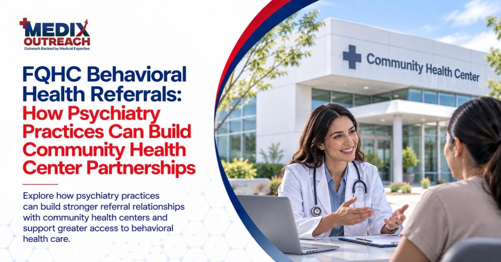 Medix Outreach banner titled 'FQHC Behavioral Health Referrals' showing a clinician and patient outside a Community Health Center building.
