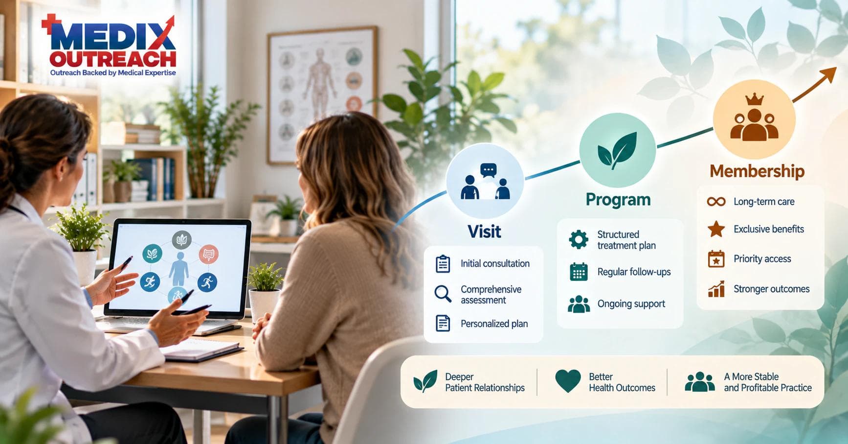 Functional medicine practice growth path from single visit to program to membership.