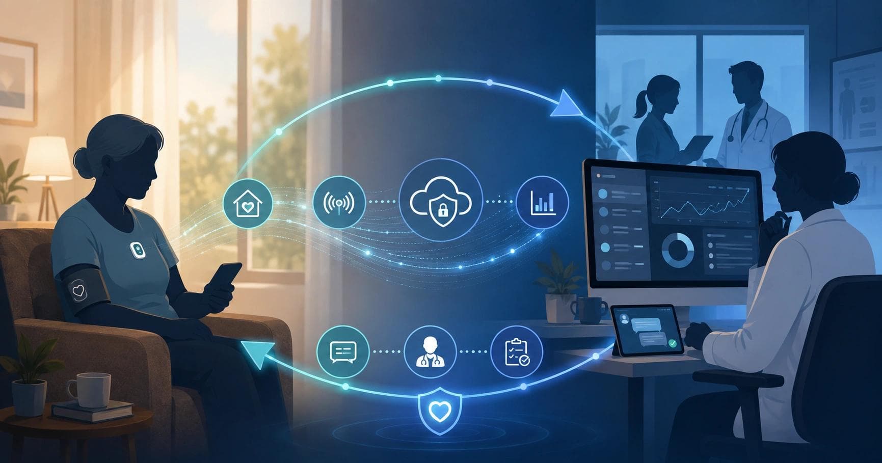Editorial illustration of a remote patient monitoring program connecting a patient at home to a clinical practice, representing RPM commercialization and provider adoption