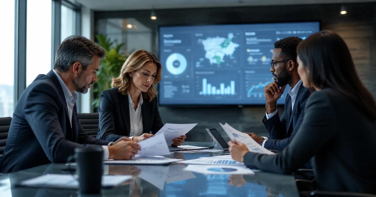 Health plan executives reviewing a population health and cost of care proposal in a corporate meeting room