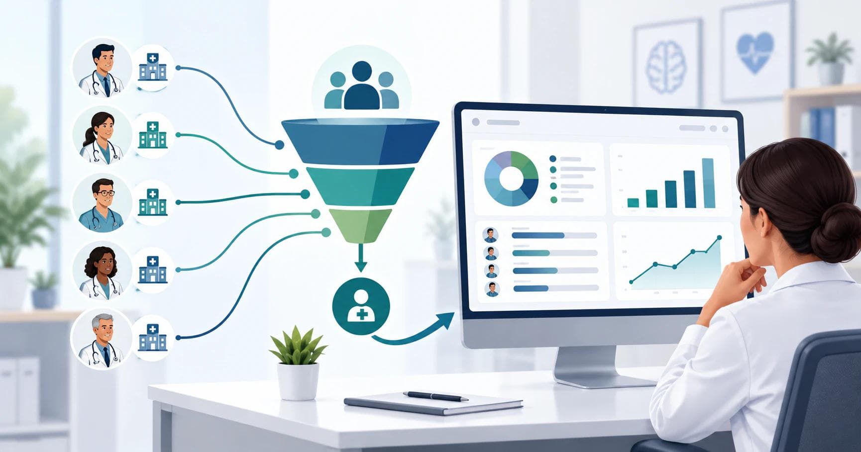 Illustration of referral source analytics: provider inputs feeding a funnel and a simple performance panel.