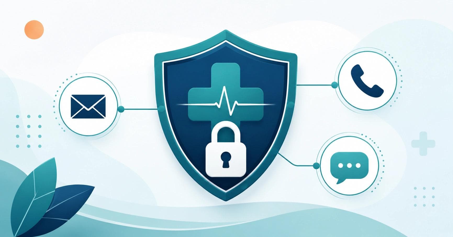 Illustration of secure, HIPAA-compliant healthcare outreach with a shield and lock connected to email, phone, and message channels