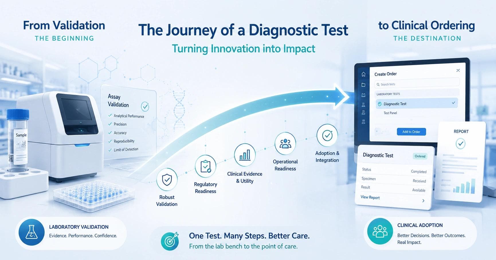 Editorial illustration of a diagnostic test moving from laboratory validation to clinical adoption, representing diagnostics commercialization and go-to-market strategy