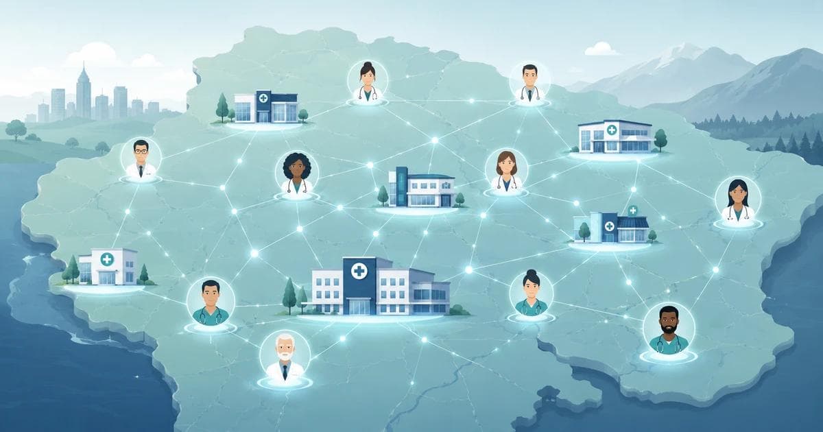 A connected network of clinicians and clinics across a region representing healthcare provider network development
