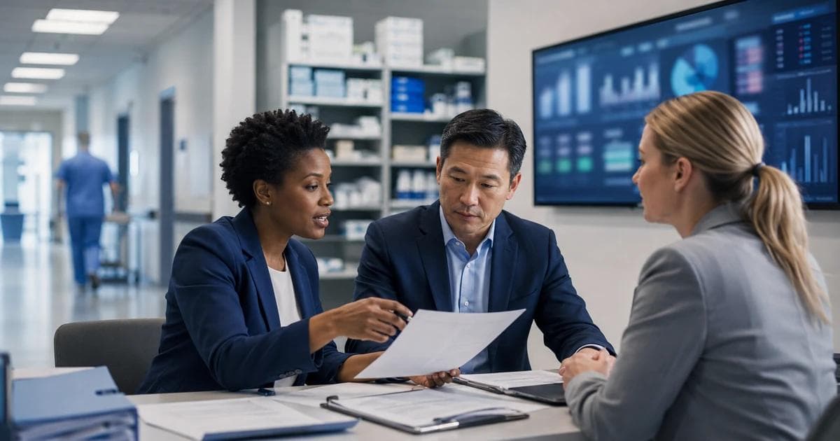 Hospital supply chain and procurement team reviewing contracts in a health system materials management setting