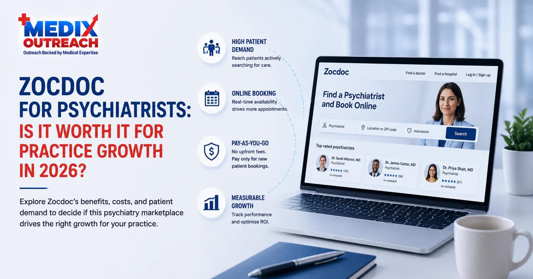 Medix Outreach graphic on whether Zocdoc is worth it for psychiatrists in 2026, with a laptop showing a psychiatrist booking search and benefits like patient demand and pay-per-booking pricing.