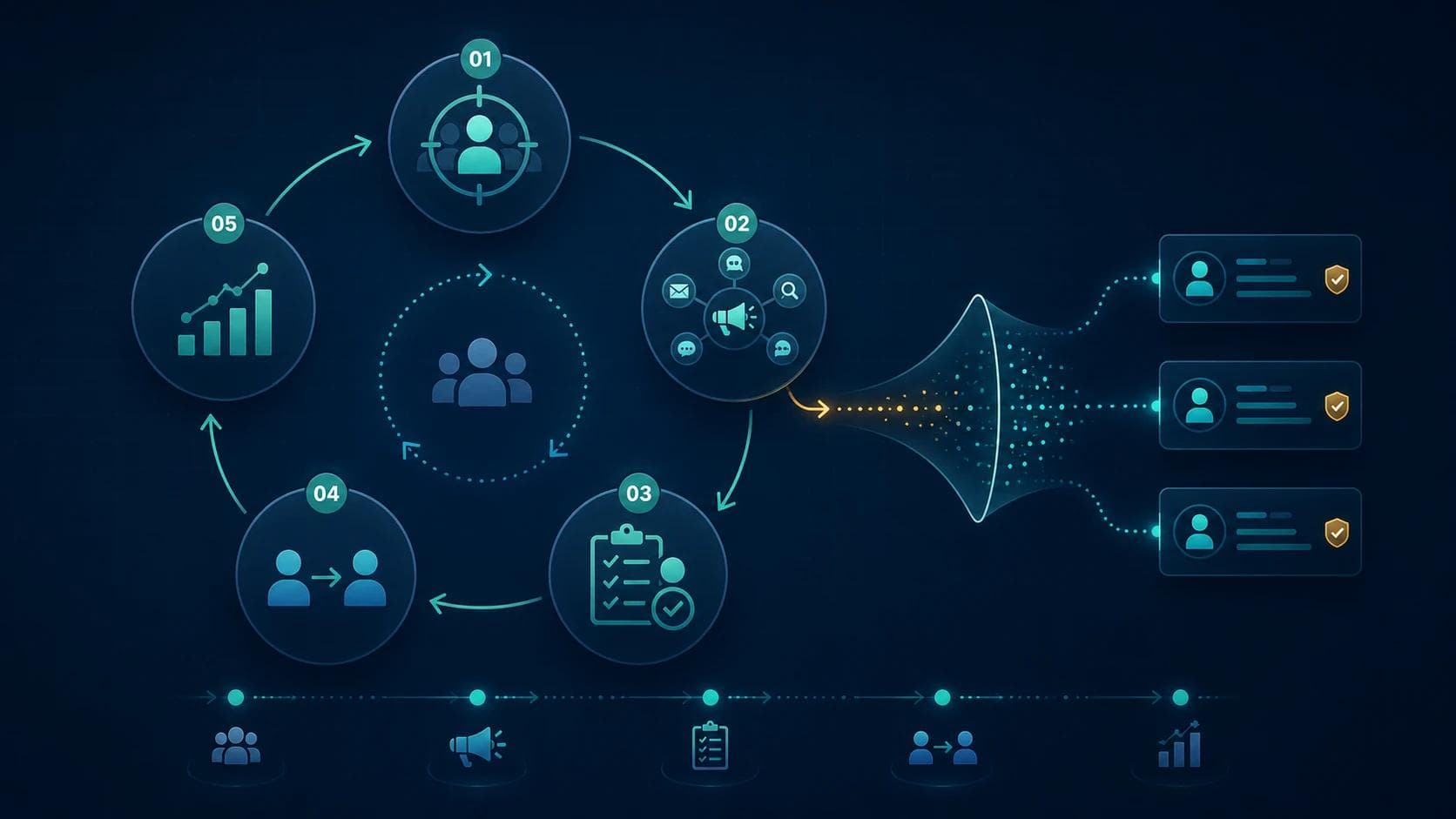 Healthcare lead generation system shown as a repeatable loop from ICP to channels to qualification to pipeline