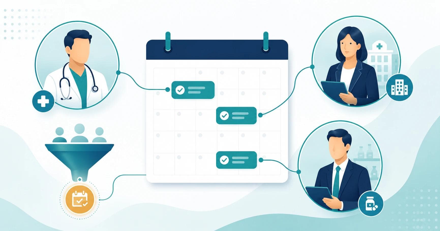 Concept illustration of qualified healthcare meetings being booked, showing a calendar connected to provider outreach in a brand-neutral teal and navy style
