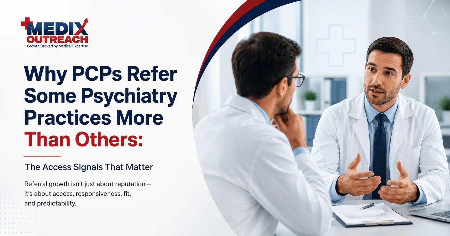 Medix Outreach title card for an article on PCP psychiatry referrals, showing a primary care physician talking with a psychiatrist across a clinic desk.