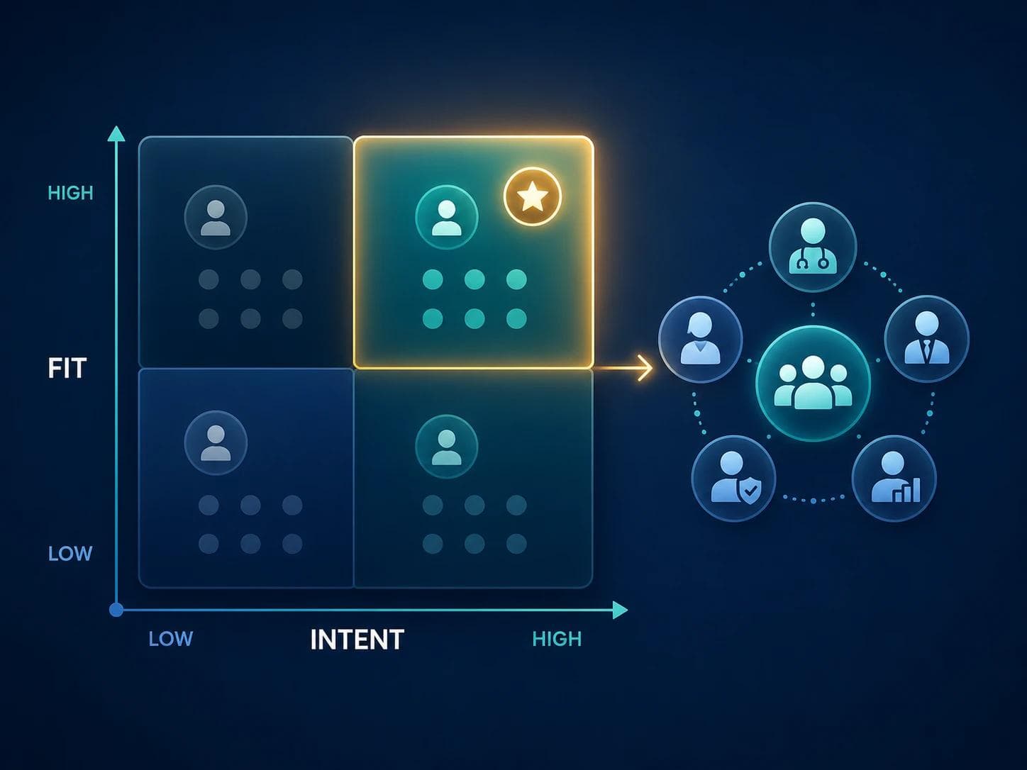 Fit versus intent qualification matrix highlighting sales-ready healthcare leads and a buying committee