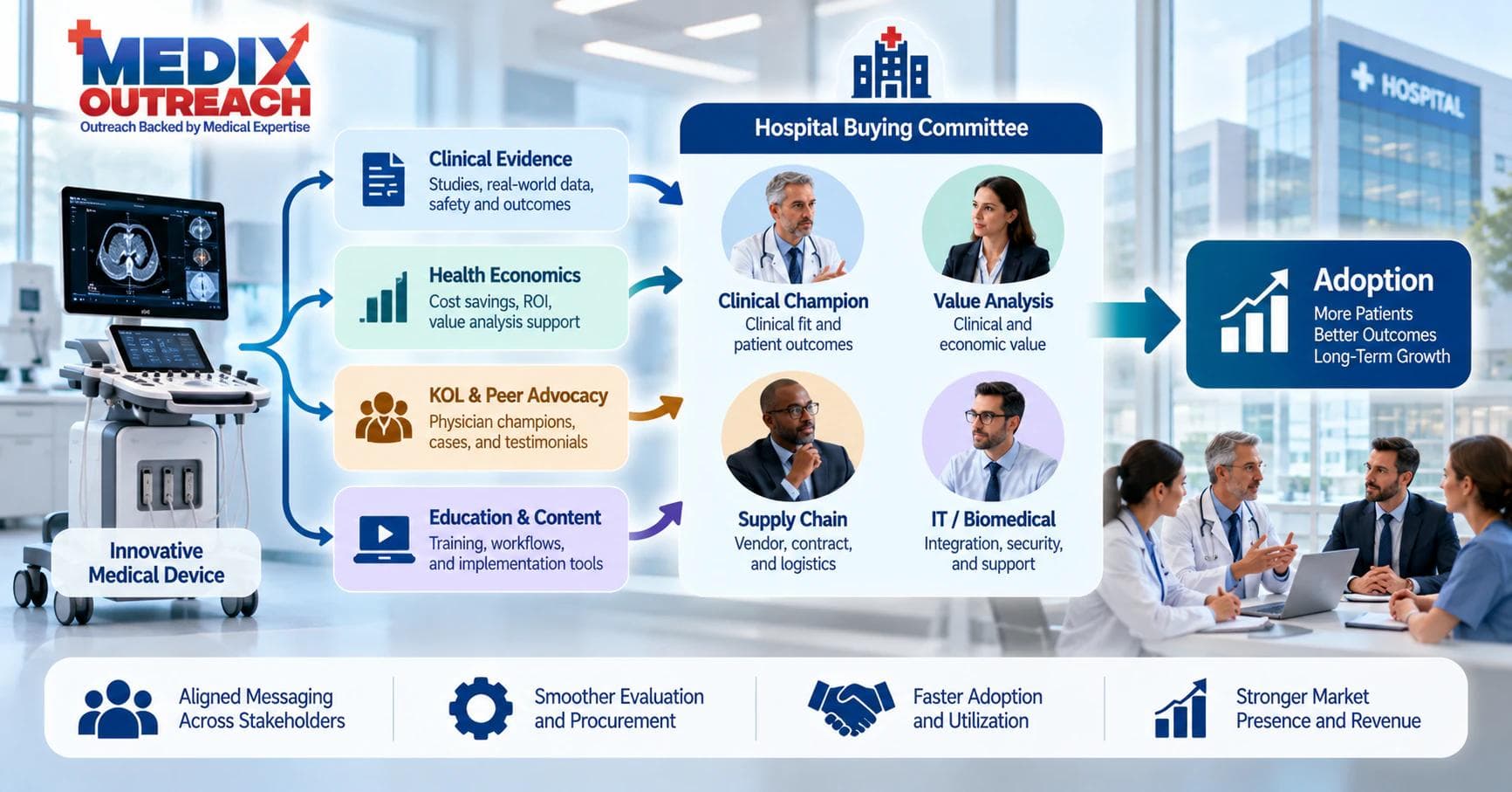 Medical device marketing assets mapped to a hospital buying committee driving adoption.