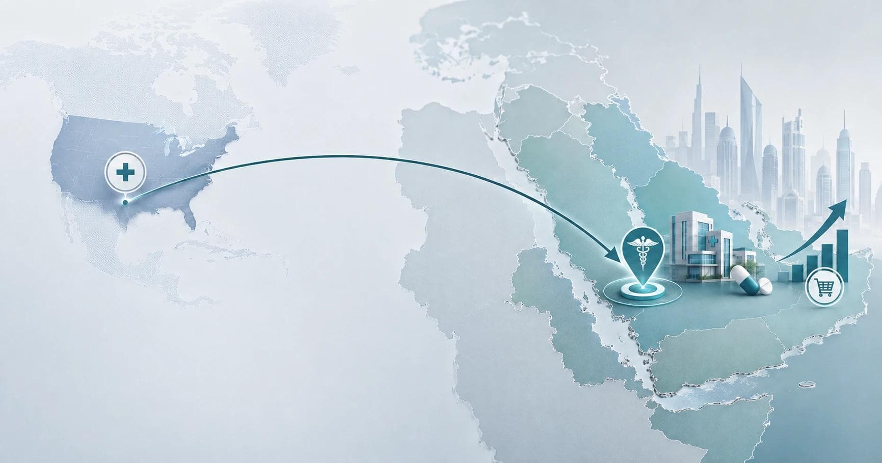 Editorial illustration of a U.S. healthcare company expanding into the MENA and Gulf region, showing a commercial route from the United States to the GCC markets