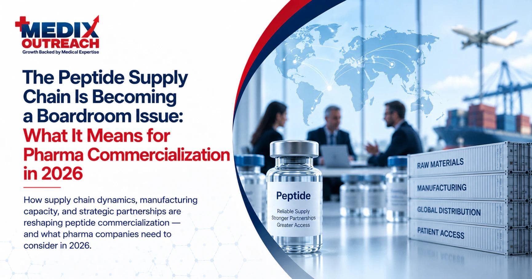 Peptide vial beside shipping containers labeled raw materials, manufacturing, global distribution, and patient access, with a boardroom and cargo scene behind.