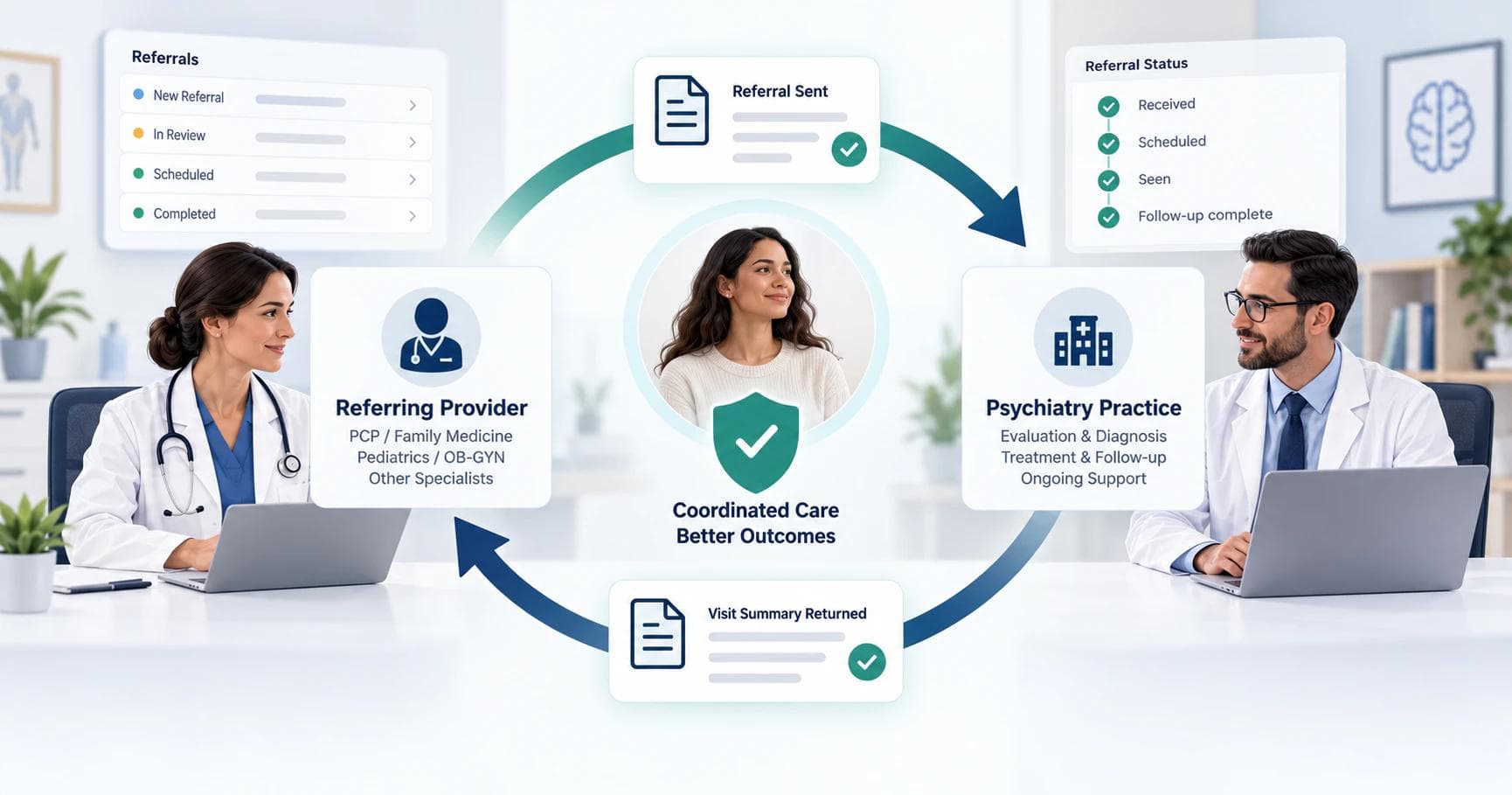 Illustration of closed-loop referral management software connecting a referring provider and receiving practice with a return of results.
