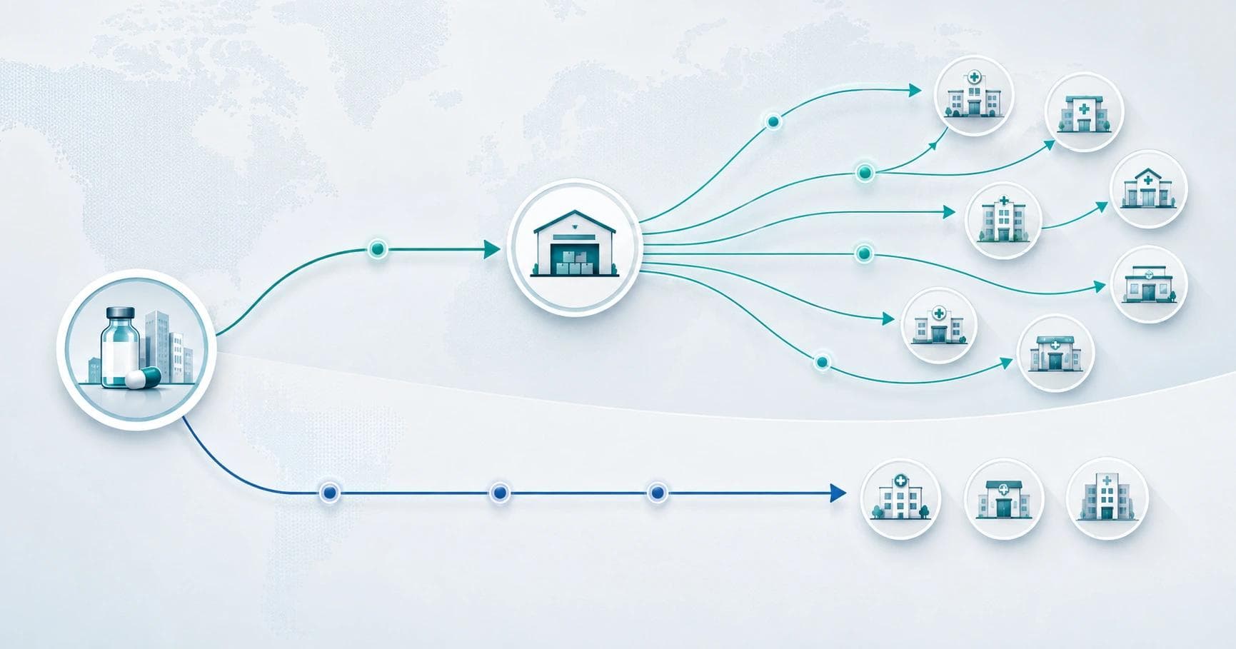 Editorial illustration comparing a healthcare distributor network model against a direct sales model, showing product reaching provider accounts through two different routes
