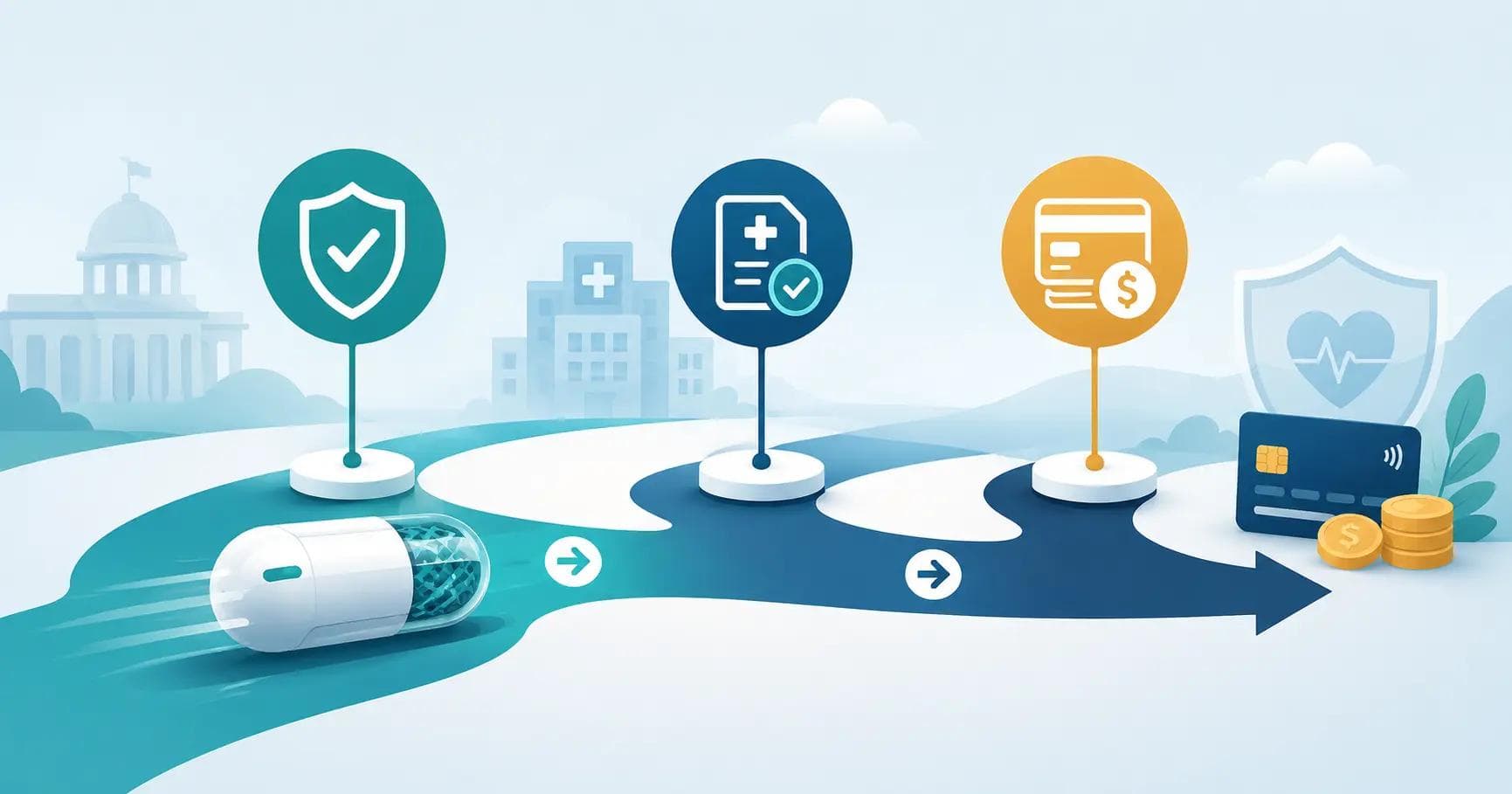 Concept illustration of a healthcare product moving from regulatory approval to being covered and paid by payers
