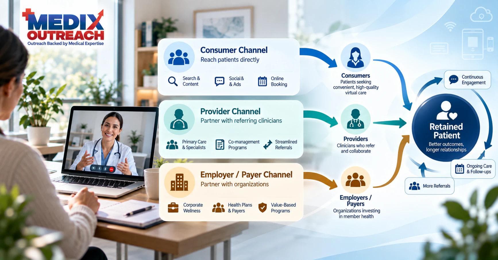 Telehealth growth channels converging on retained patients across consumer, provider, and employer paths.