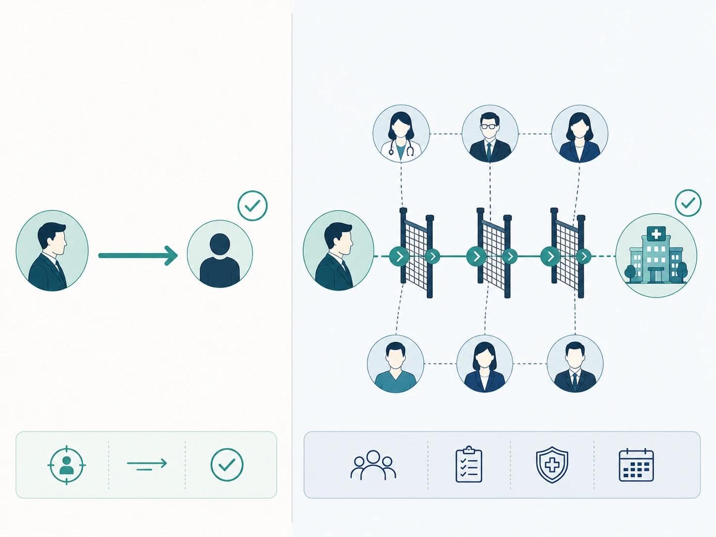 A simple diagram contrasting a direct single-buyer B2B sale with a healthcare sale routed through multiple stakeholders and approval gates